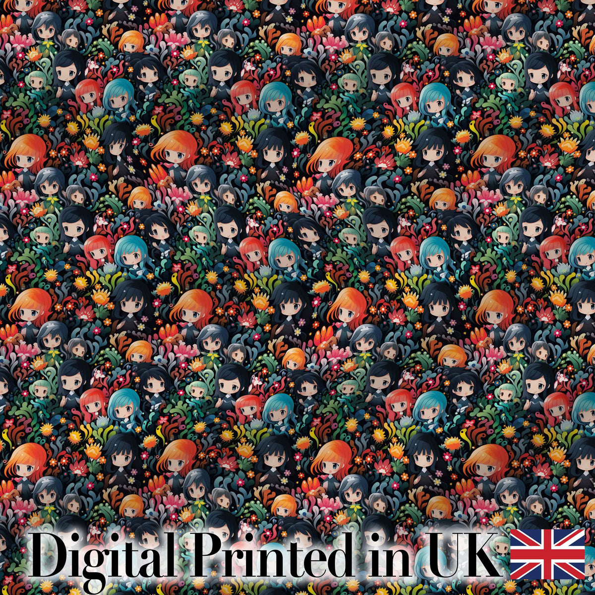 Colorful Anime Girls with Floral Garden Seamless Pattern Digital Print Fabric by the Metre UK Sewing Quilting Textile