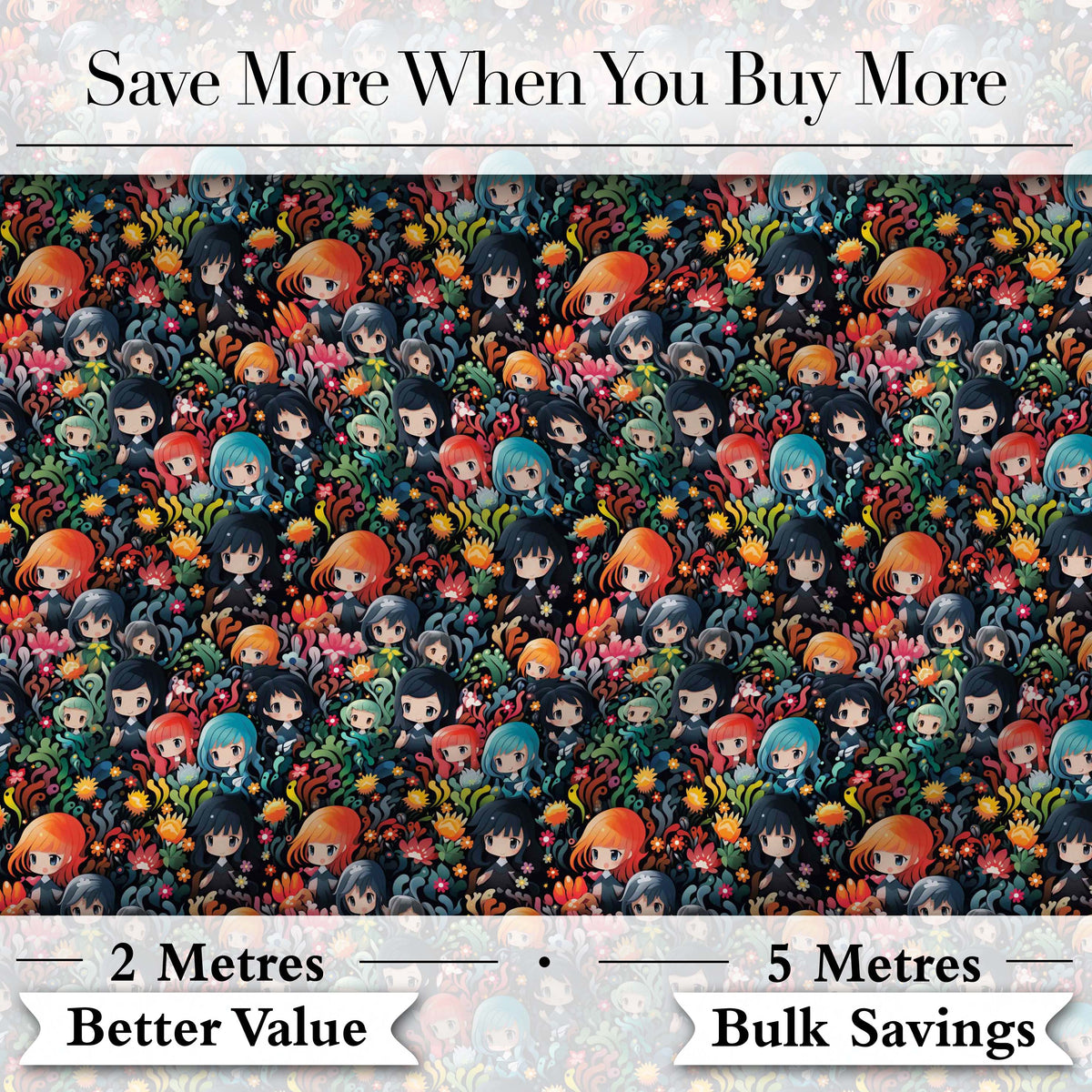 Colorful Anime Girls with Floral Garden Seamless Pattern Digital Print Fabric by the Metre UK Sewing Quilting Textile
