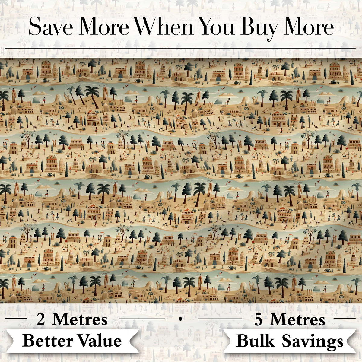 Ancient Desert Village Scenic Landscape Seamless Pattern Art Digital Print Fabric by the Metre UK Sewing Quilting Textile