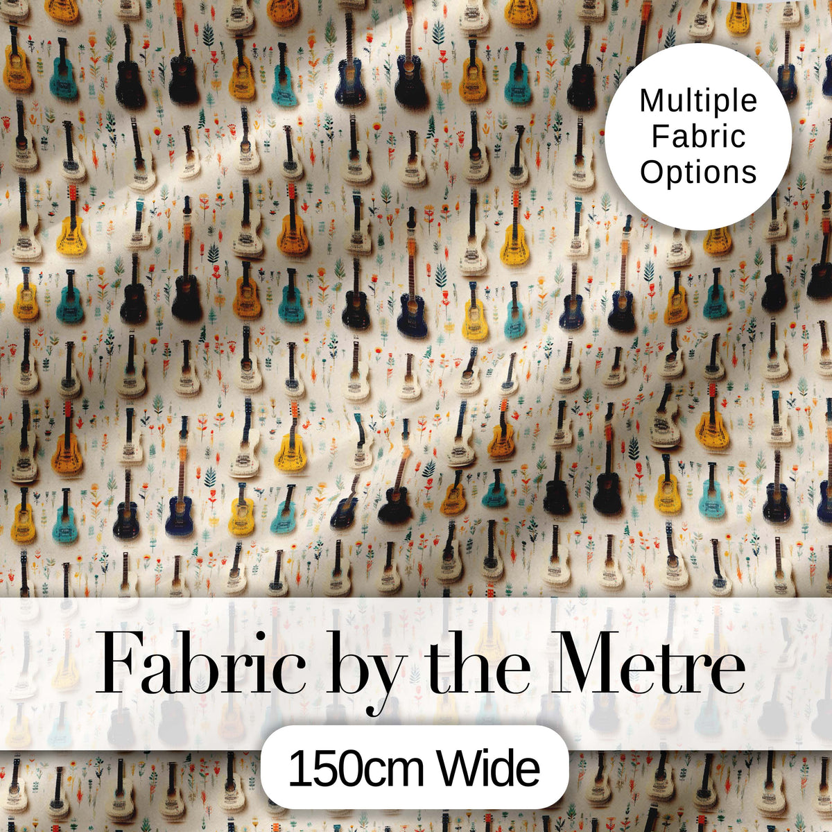 Vintage Acoustic Guitars Floral Theme Seamless Pattern Art Digital Print Fabric by the Metre UK Sewing Quilting Textile