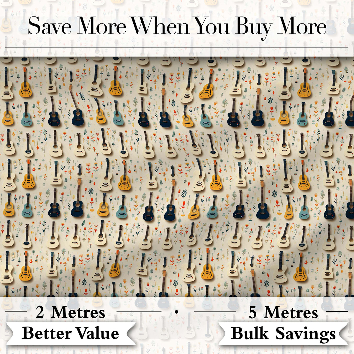 Vintage Acoustic Guitars Floral Theme Seamless Pattern Art Digital Print Fabric by the Metre UK Sewing Quilting Textile