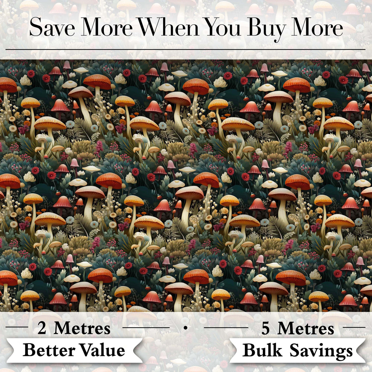 Botanical Mushroom Garden Nature Seamless Pattern Digital Print Fabric by the Metre UK Sewing Quilting Textile