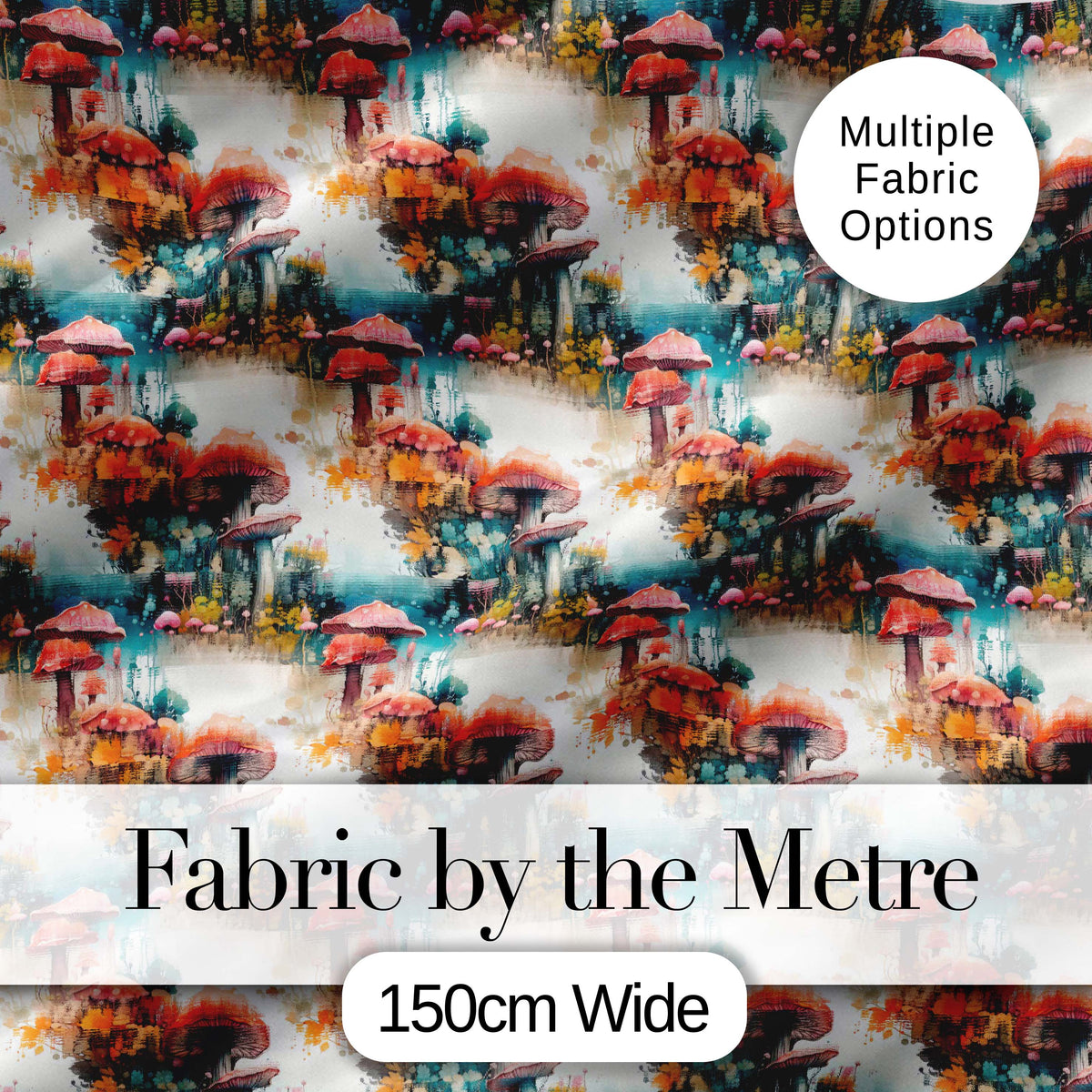 Watercolor Fantasy Mushrooms Floral Seamless Pattern Digital Print Fabric by the Metre UK Sewing Quilting Textile