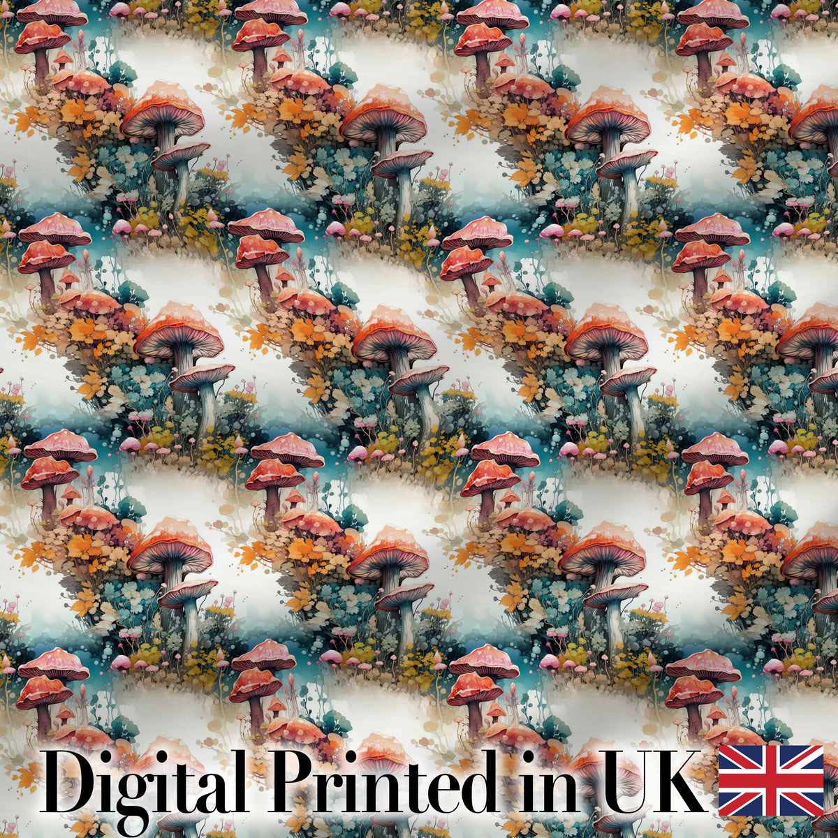 Watercolor Fantasy Mushrooms Floral Seamless Pattern Digital Print Fabric by the Metre UK Sewing Quilting Textile