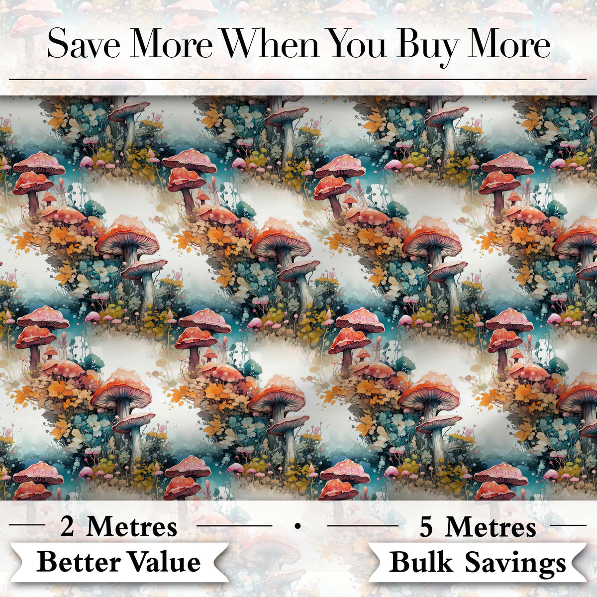 Watercolor Fantasy Mushrooms Floral Seamless Pattern Digital Print Fabric by the Metre UK Sewing Quilting Textile