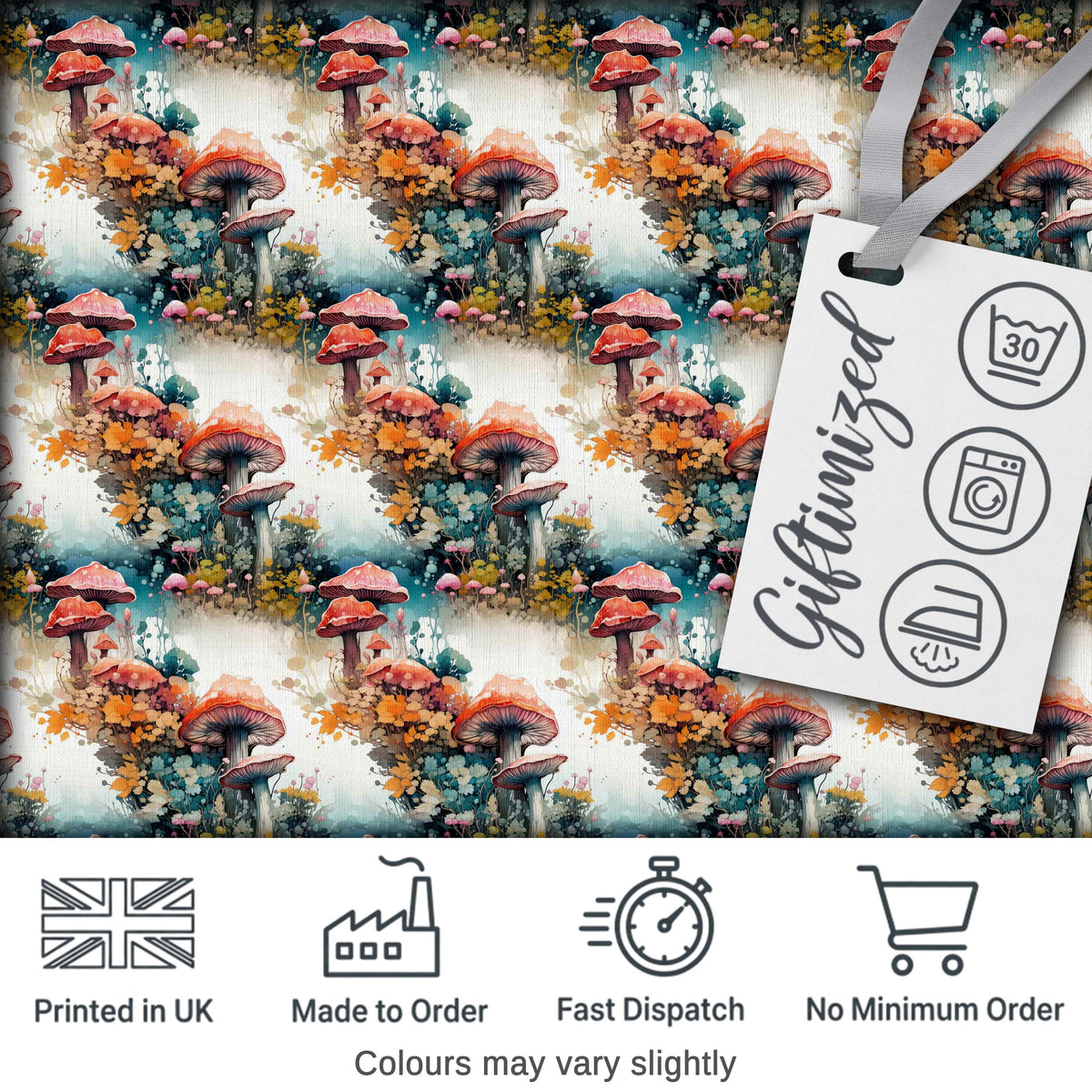 Watercolor Fantasy Mushrooms Floral Seamless Pattern Digital Print Fabric by the Metre UK Sewing Quilting Textile