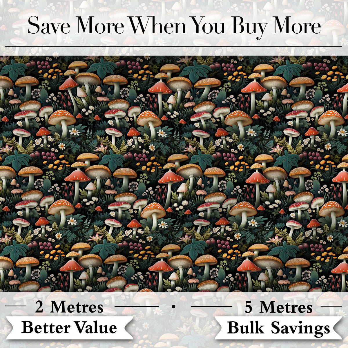 Detailed Woodland Mushrooms Plants Seamless Pattern Digital Print Fabric by the Metre UK Sewing Quilting Textile