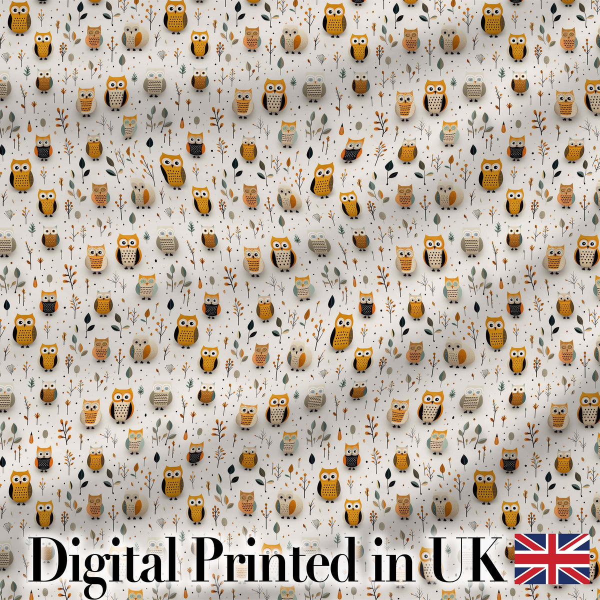 Cute Cartoon Owls Leaves Nature Seamless Pattern Digital Print Fabric by the Metre UK Sewing Quilting Textile
