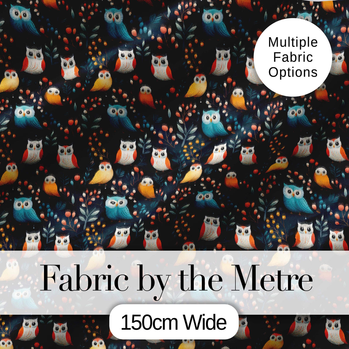 Cute Owl Birds Decorative Leaves Seamless Pattern Digital Print Fabric by the Metre UK Sewing Quilting Textile