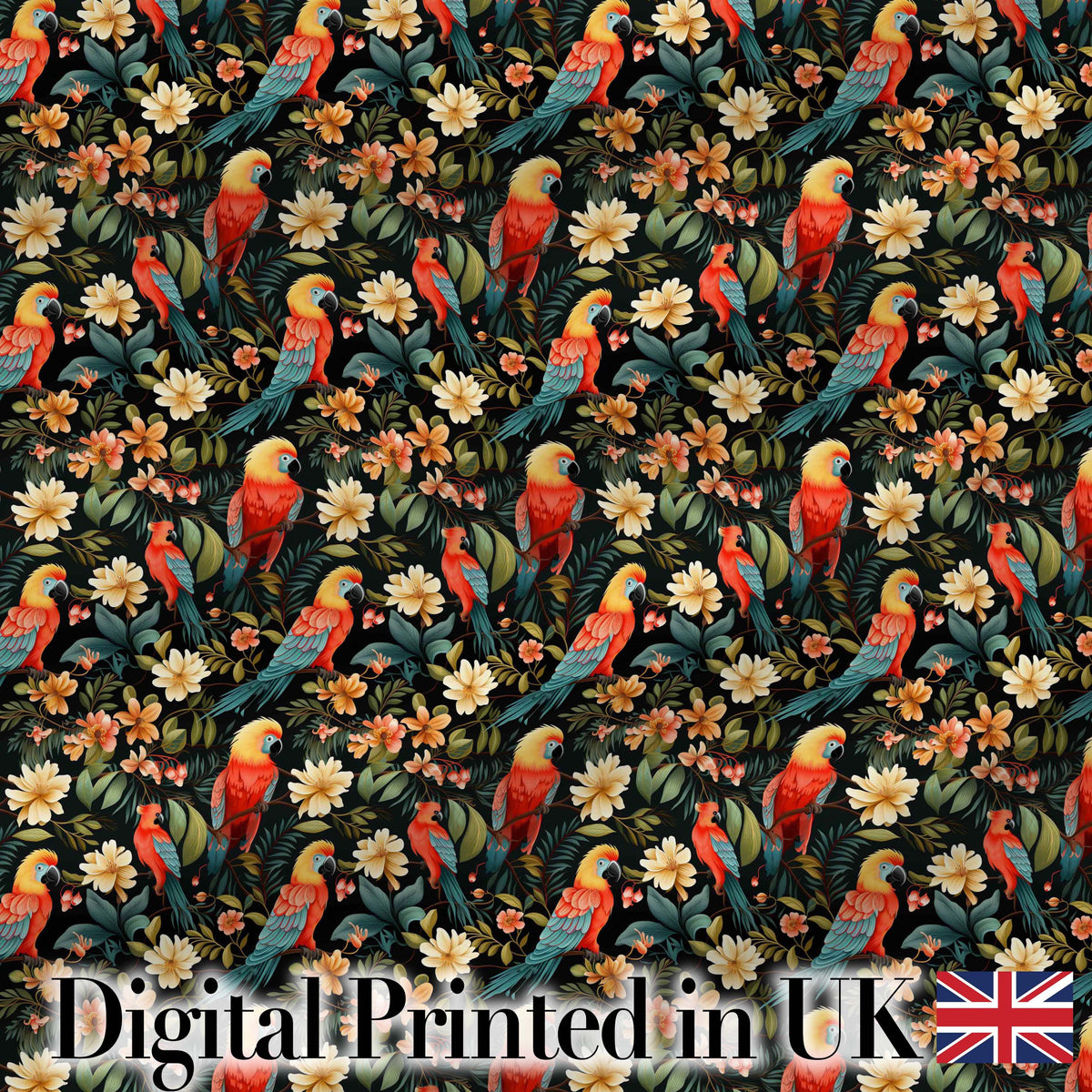 Tropical Parrot Birds and Floral Jungle Seamless Pattern Digital Print Fabric by the Metre UK Sewing Quilting Textile