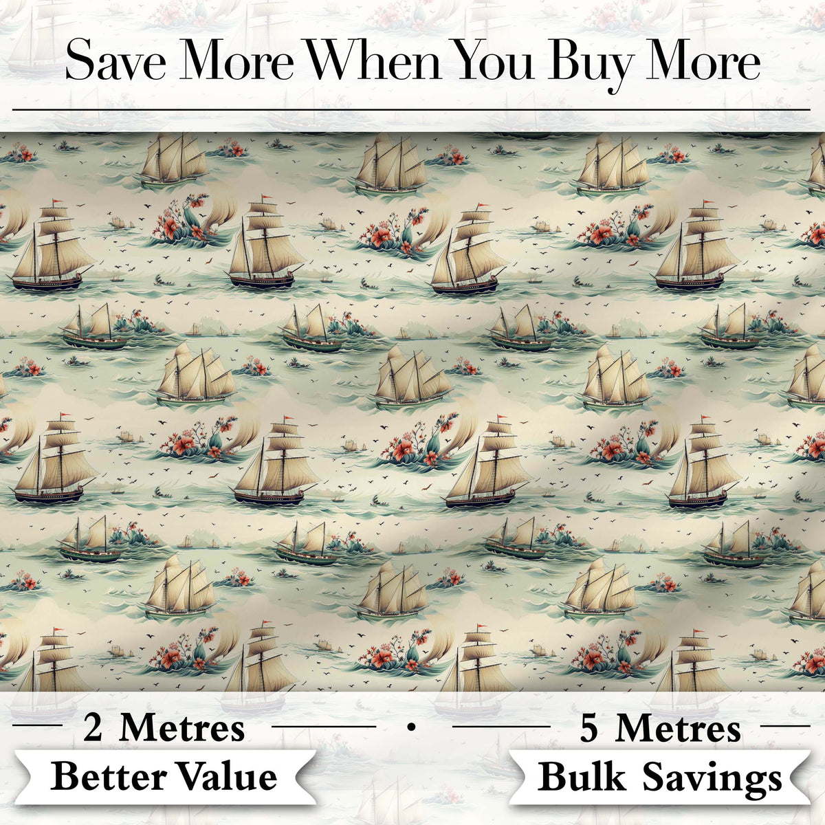 Classic Sailing Ships Sea Waves Seamless Pattern Digital Print Fabric by the Metre UK Sewing Quilting Textile