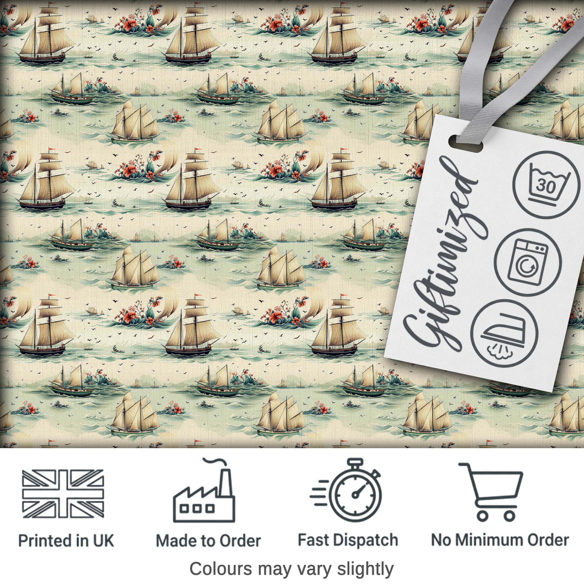 Classic Sailing Ships Sea Waves Seamless Pattern Digital Print Fabric by the Metre UK Sewing Quilting Textile