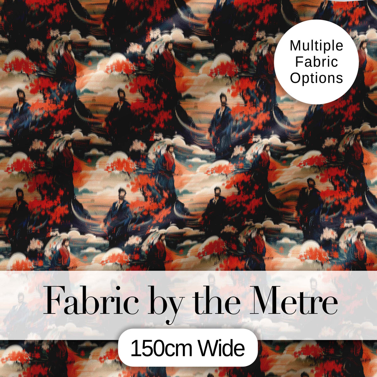 Japanese Samurai Autumn Landscape Seamless Pattern Digital Print Fabric by the Metre UK Sewing Quilting Textile