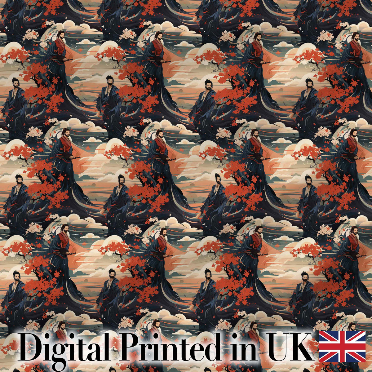 Japanese Samurai Autumn Landscape Seamless Pattern Digital Print Fabric by the Metre UK Sewing Quilting Textile