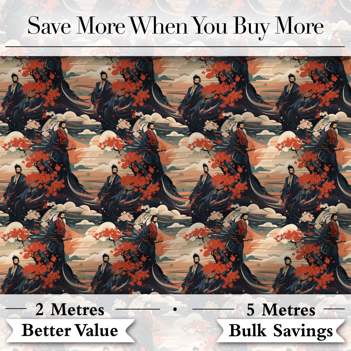 Japanese Samurai Autumn Landscape Seamless Pattern Digital Print Fabric by the Metre UK Sewing Quilting Textile
