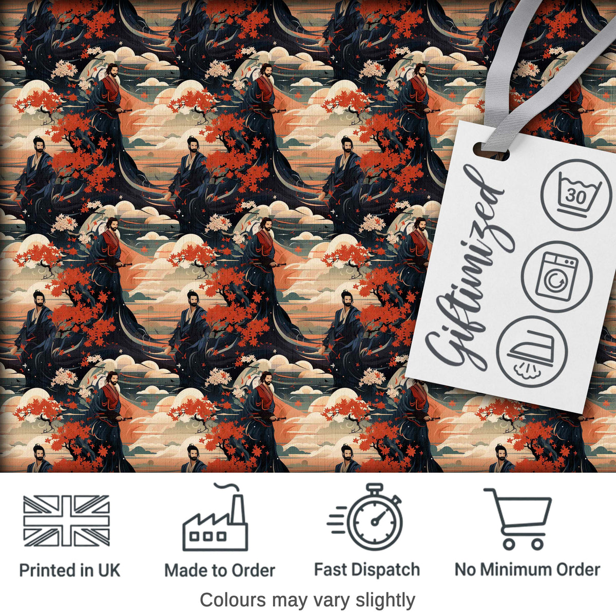 Japanese Samurai Autumn Landscape Seamless Pattern Digital Print Fabric by the Metre UK Sewing Quilting Textile