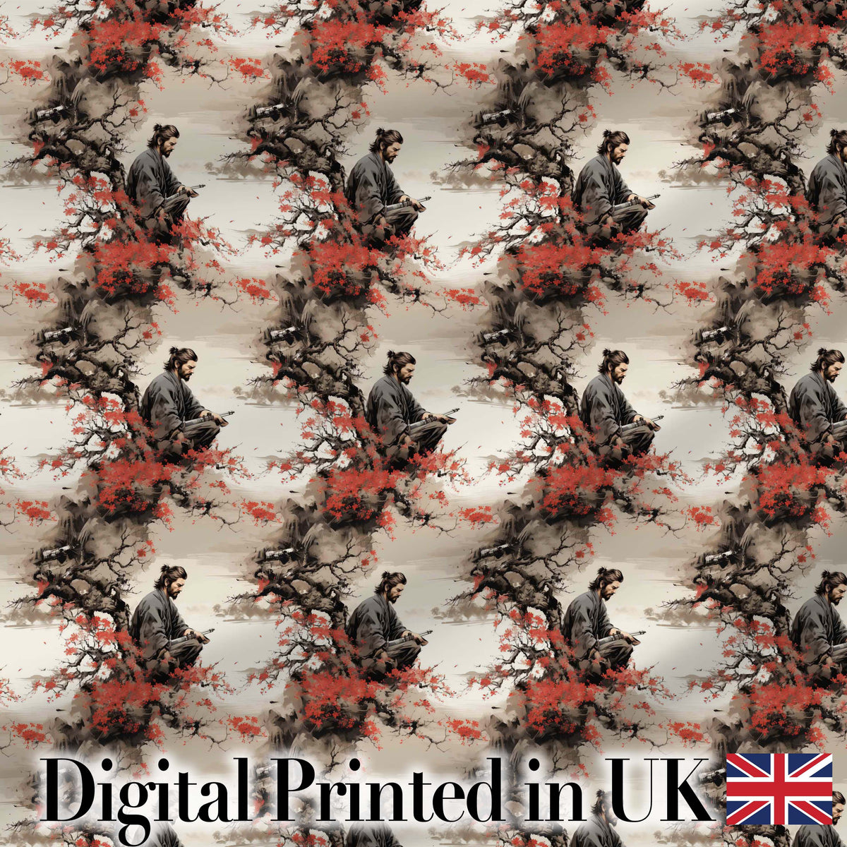 Samurai Warrior Red Blossom Tree Seamless Pattern Digital Print Fabric by the Metre UK Sewing Quilting Textile