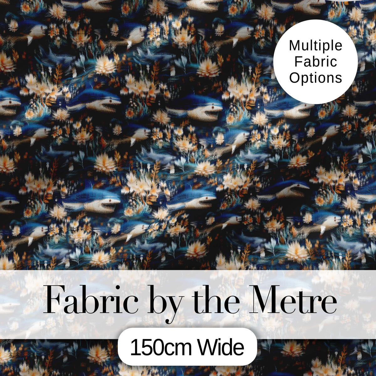 Elegant Sharks Floral Ocean Seamless Pattern Digital Print Fabric by the Metre UK Sewing Quilting Textile