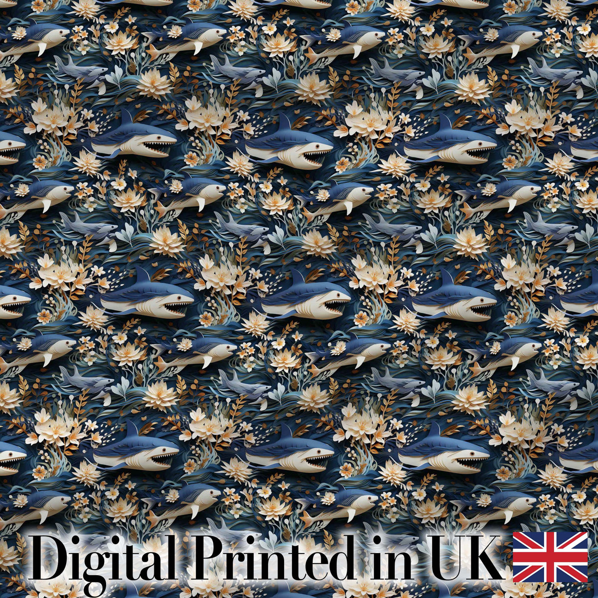 Elegant Sharks Floral Ocean Seamless Pattern Digital Print Fabric by the Metre UK Sewing Quilting Textile