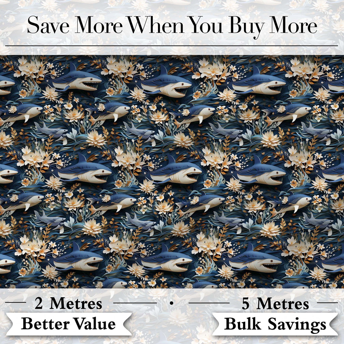 Elegant Sharks Floral Ocean Seamless Pattern Digital Print Fabric by the Metre UK Sewing Quilting Textile