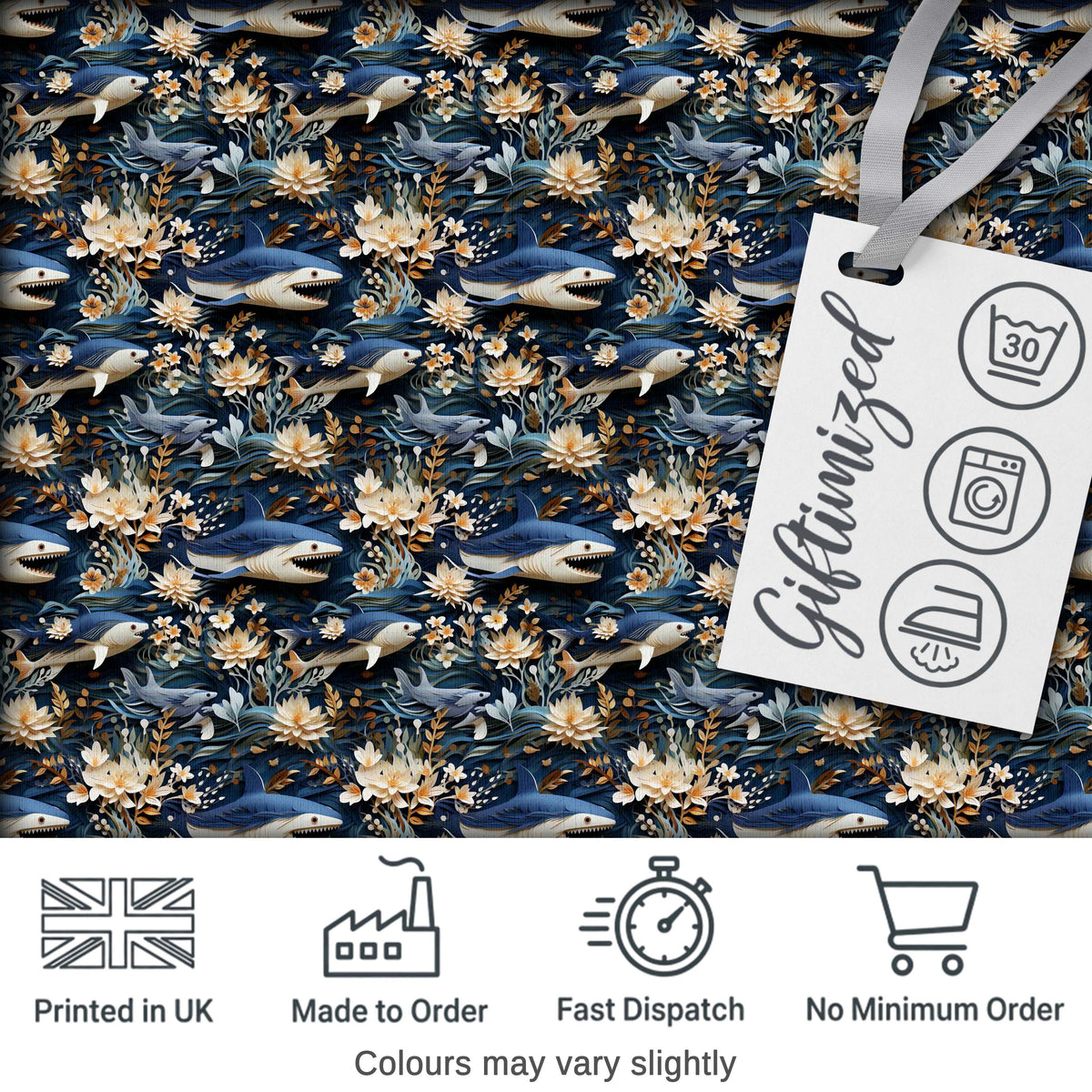 Elegant Sharks Floral Ocean Seamless Pattern Digital Print Fabric by the Metre UK Sewing Quilting Textile