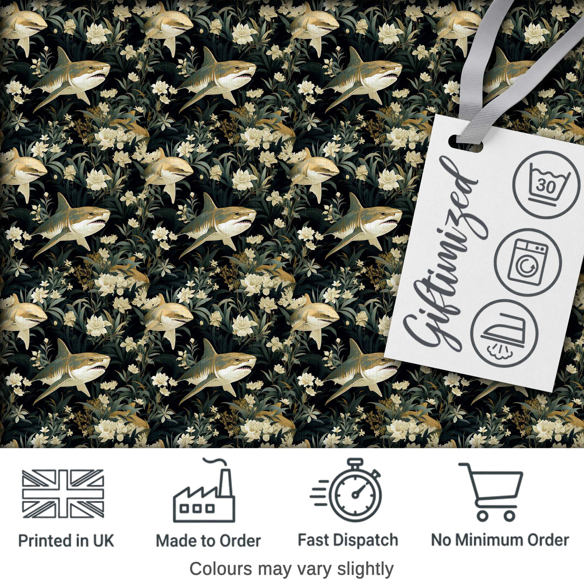 Vintage Sharks Dark Floral Seamless Pattern Digital Print Fabric by the Metre UK Sewing Quilting Textile