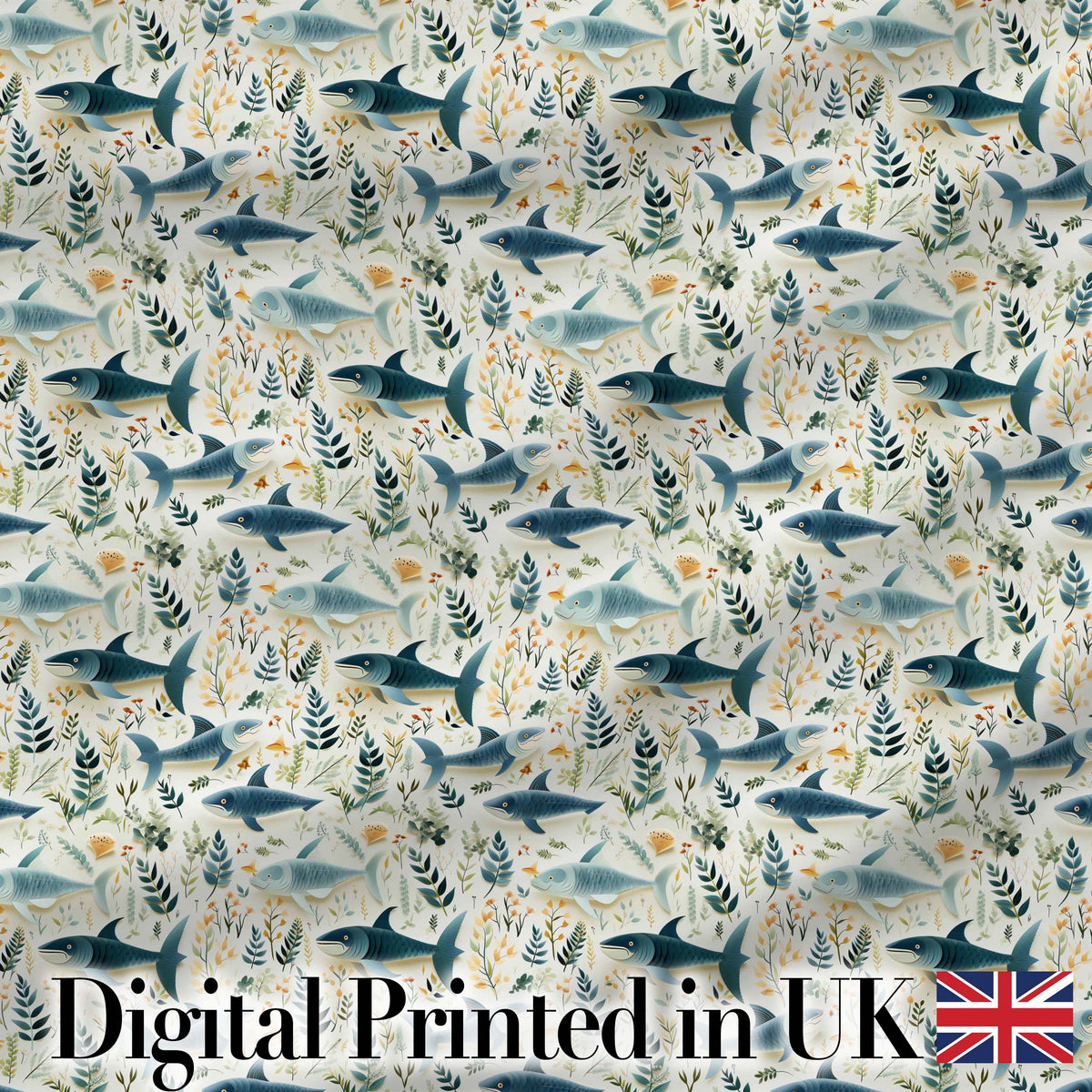 Blue Fish Botanical Seamless Pattern Digital Print Fabric by the Metre UK Sewing Quilting Textile
