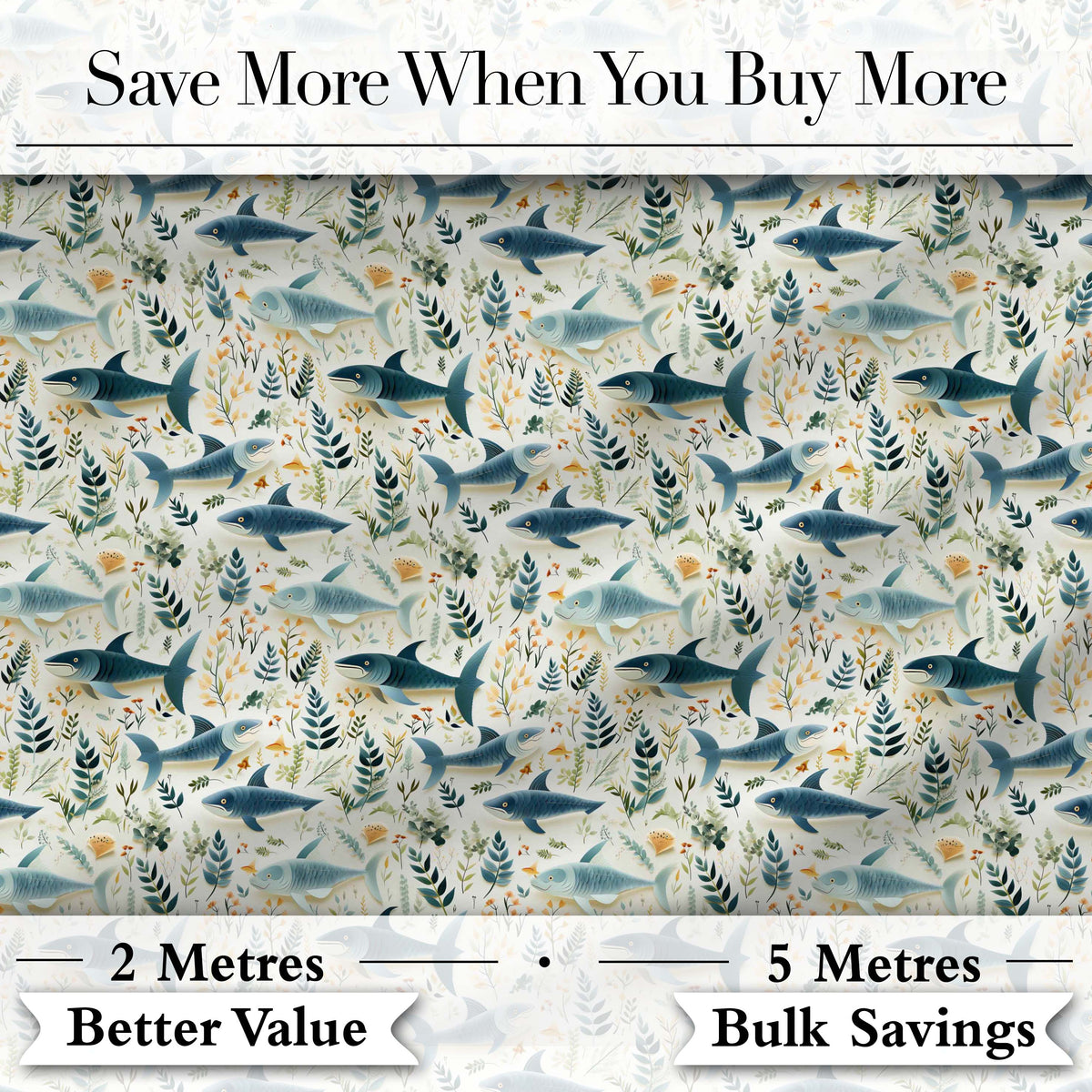 Blue Fish Botanical Seamless Pattern Digital Print Fabric by the Metre UK Sewing Quilting Textile