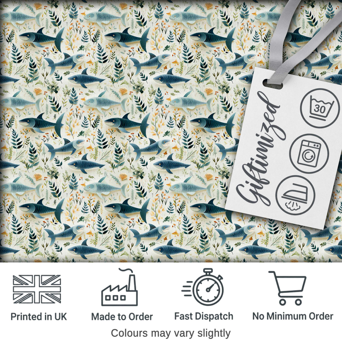 Blue Fish Botanical Seamless Pattern Digital Print Fabric by the Metre UK Sewing Quilting Textile