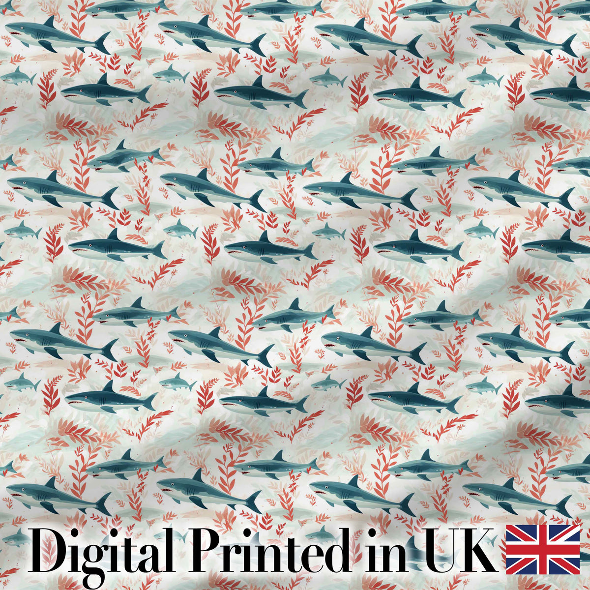 Sharks Red Seaweed Ocean Seamless Pattern Digital Print Fabric by the Metre UK Sewing Quilting Textile