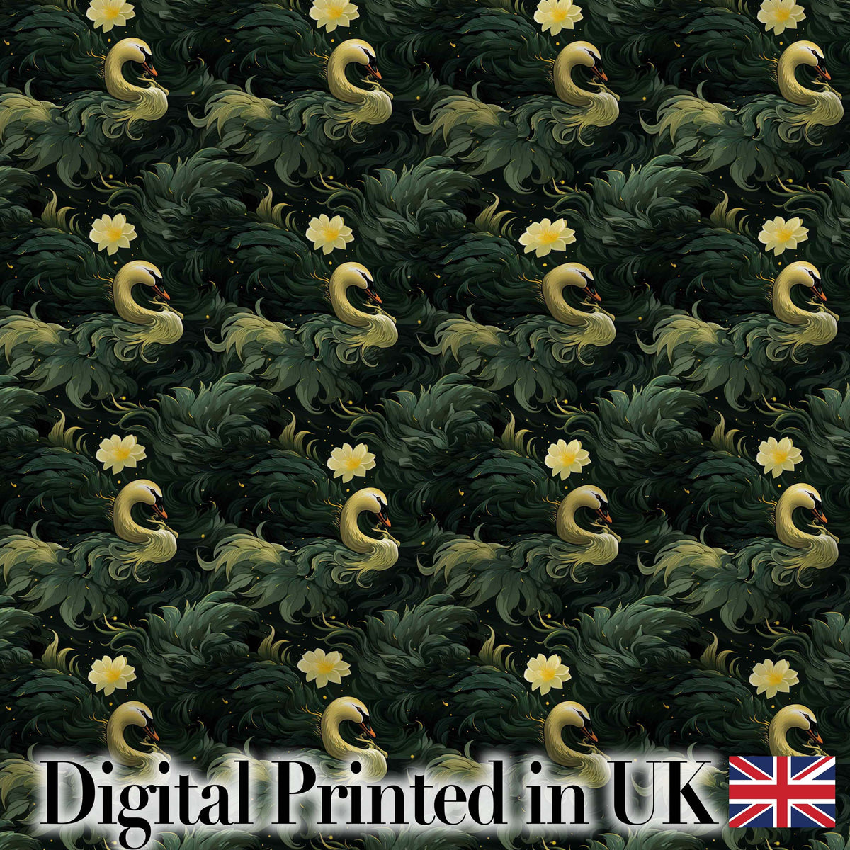Golden Swan Dark Leaves Floral Night Seamless Pattern Digital Print Fabric by the Metre UK Sewing Quilting Textile