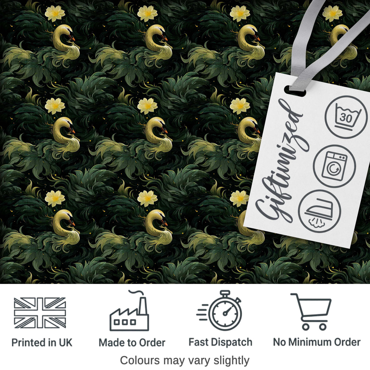Golden Swan Dark Leaves Floral Night Seamless Pattern Digital Print Fabric by the Metre UK Sewing Quilting Textile