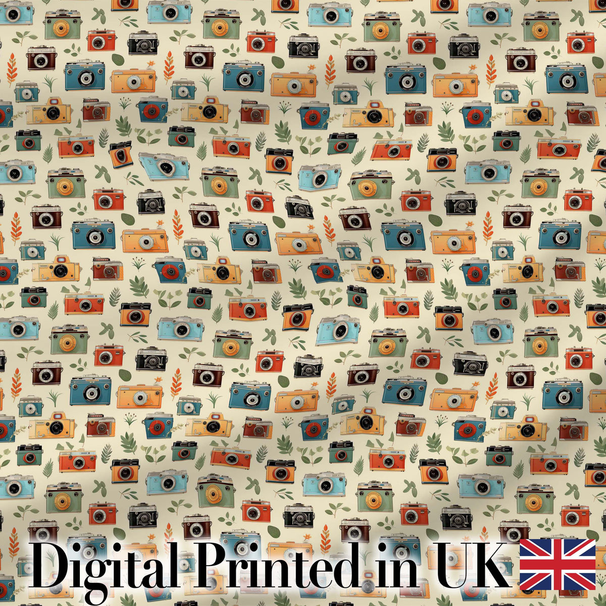 Colorful Cameras with Leaves Seamless Pattern Digital Print Fabric by the Metre UK Sewing Quilting Textile