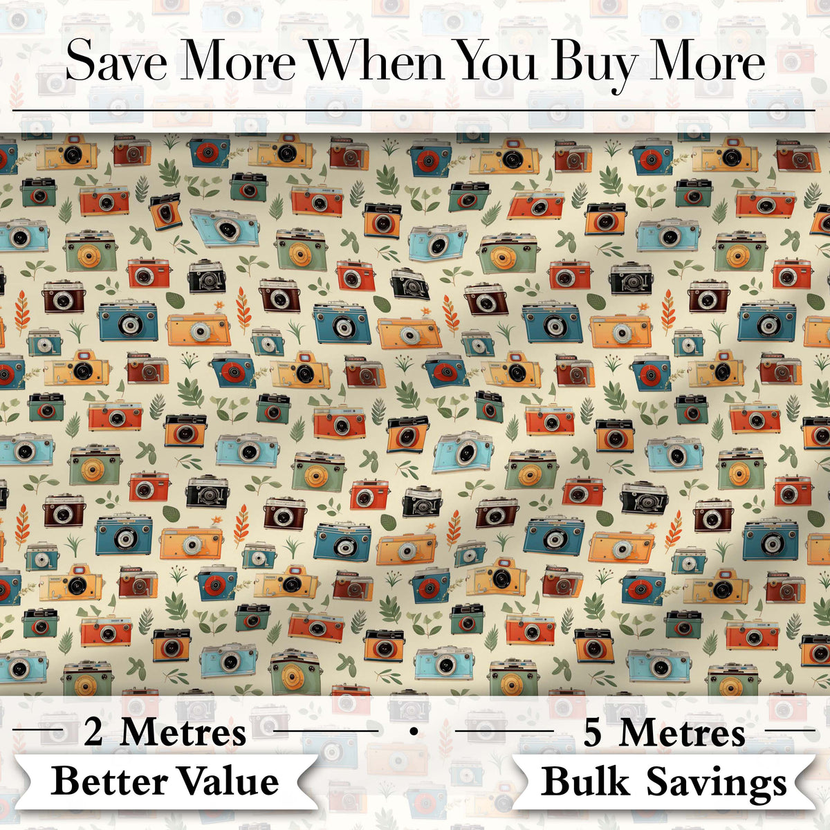 Colorful Cameras with Leaves Seamless Pattern Digital Print Fabric by the Metre UK Sewing Quilting Textile