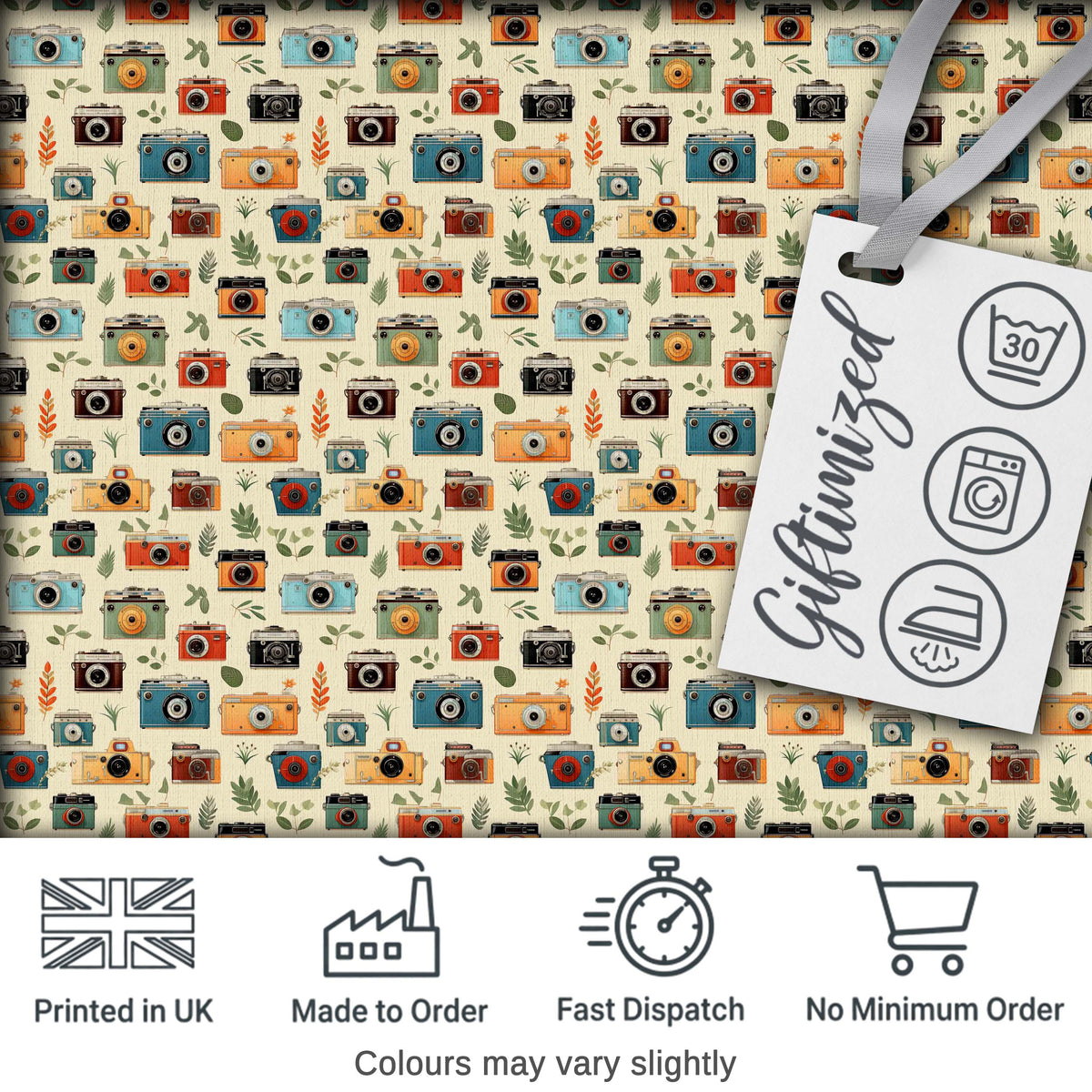 Colorful Cameras with Leaves Seamless Pattern Digital Print Fabric by the Metre UK Sewing Quilting Textile