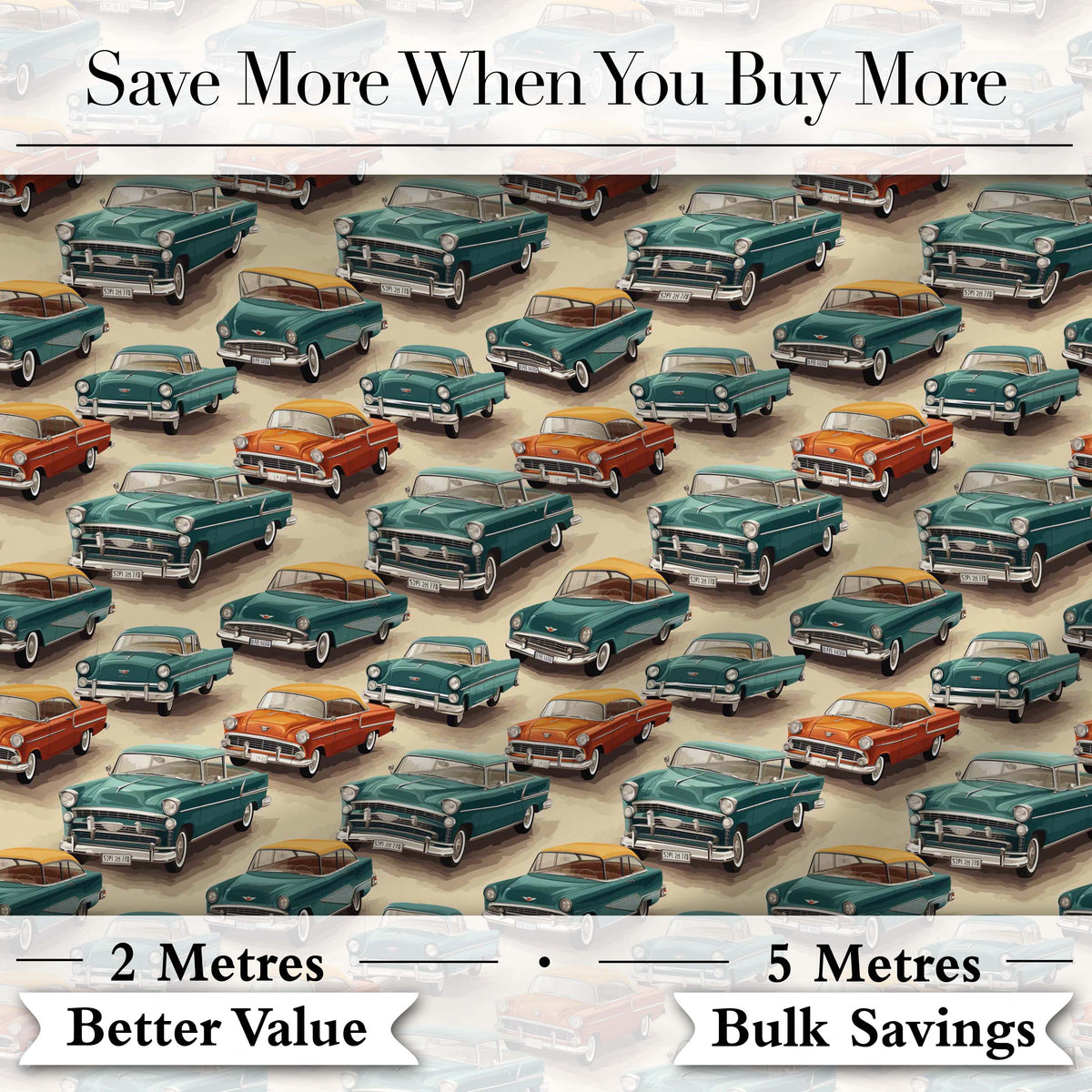 Classic Vintage Cars Style Seamless Pattern Digital Print Fabric by the Metre UK Sewing Quilting Textile