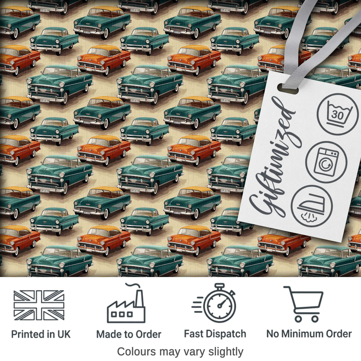Classic Vintage Cars Style Seamless Pattern Digital Print Fabric by the Metre UK Sewing Quilting Textile