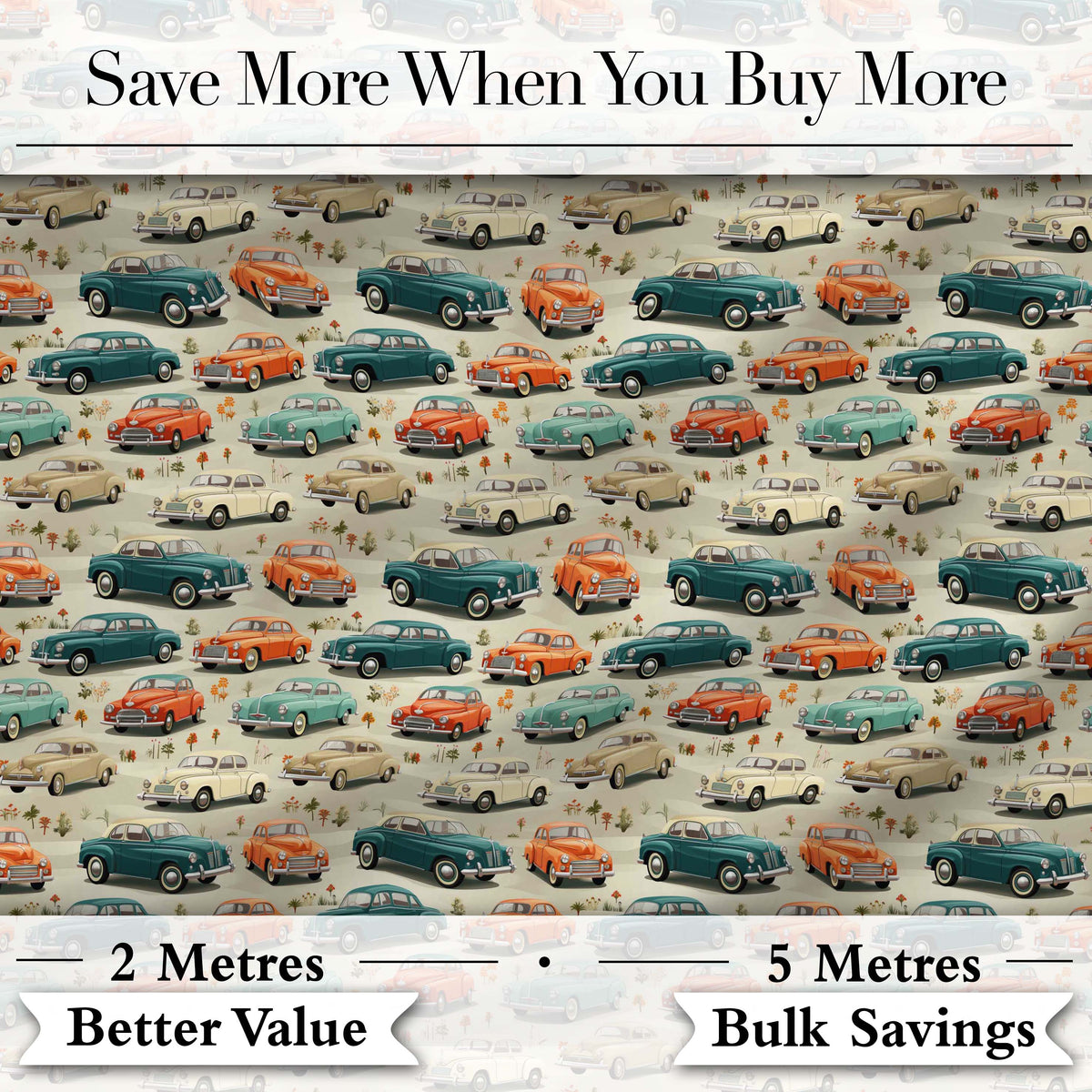 Colorful Classic Cars with Floral Detail Seamless Pattern Digital Print Fabric by the Metre UK Sewing Quilting Textile