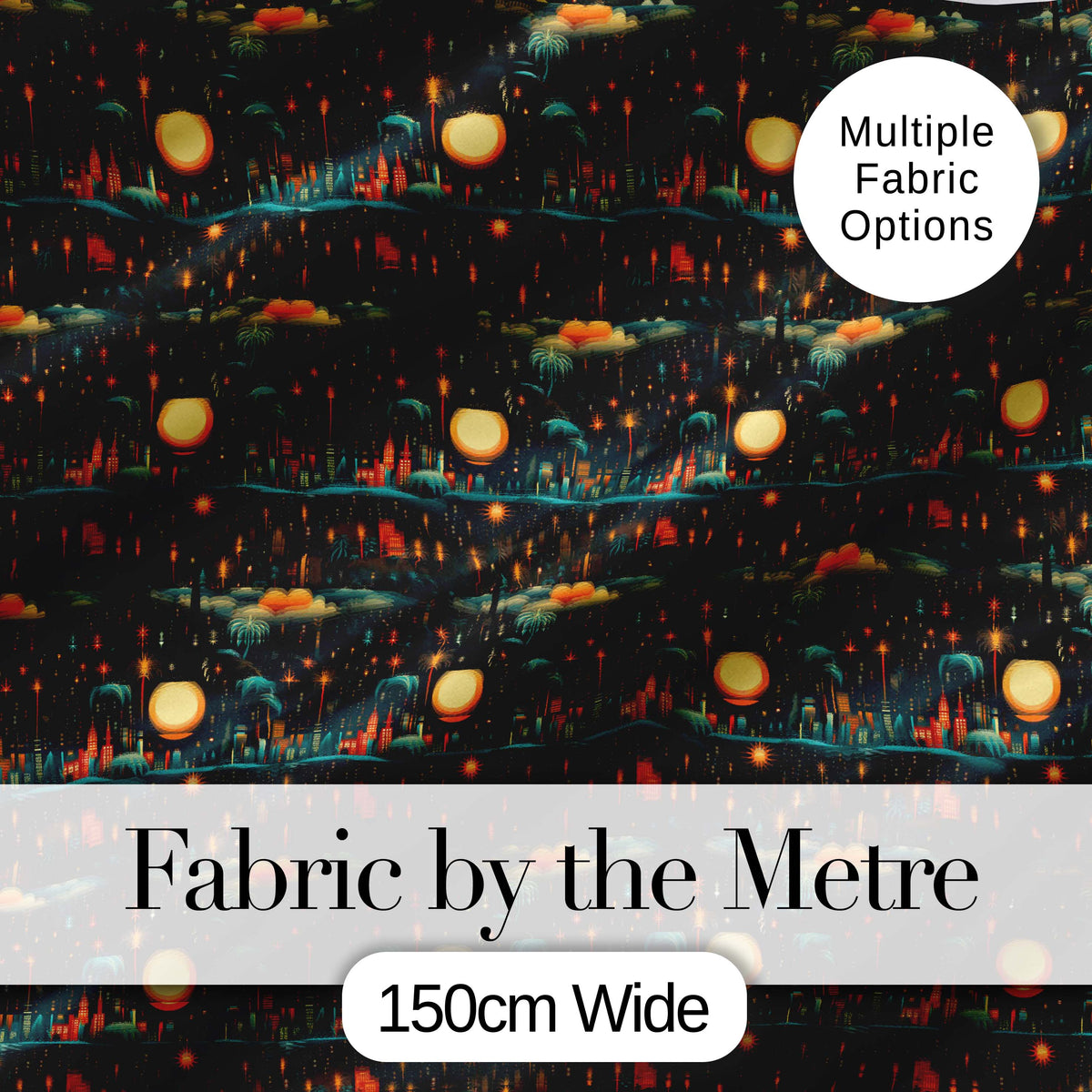 Night City Skyline Fireworks Moonlit Sky Seamless Pattern Digital Print Fabric by the Metre UK Sewing Quilting Textile