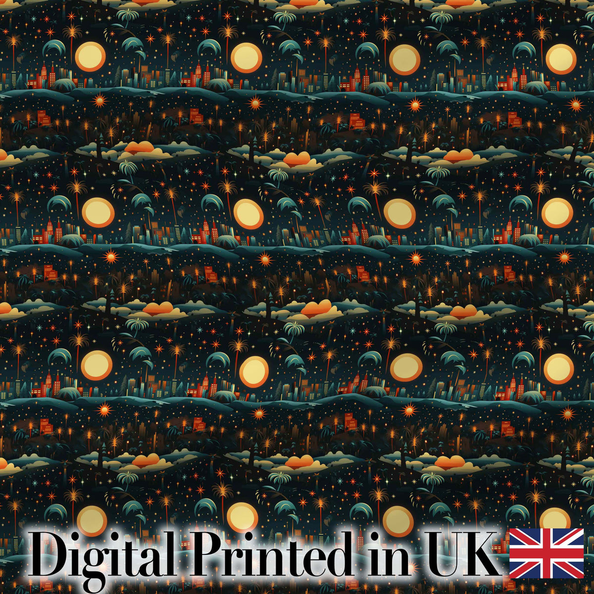 Night City Skyline Fireworks Moonlit Sky Seamless Pattern Digital Print Fabric by the Metre UK Sewing Quilting Textile