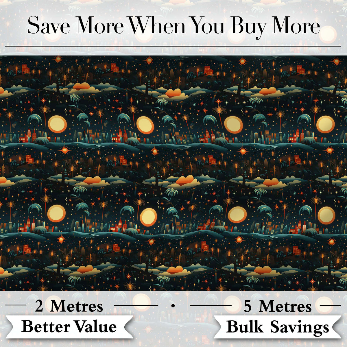 Night City Skyline Fireworks Moonlit Sky Seamless Pattern Digital Print Fabric by the Metre UK Sewing Quilting Textile