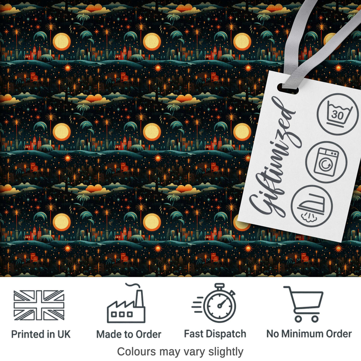 Night City Skyline Fireworks Moonlit Sky Seamless Pattern Digital Print Fabric by the Metre UK Sewing Quilting Textile