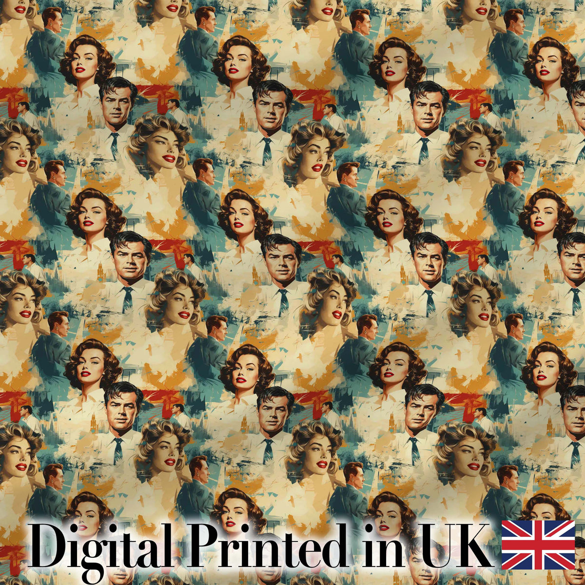Hollywood Glamour Couples Portrait Seamless Pattern Digital Print Fabric by the Metre UK Sewing Quilting Textile