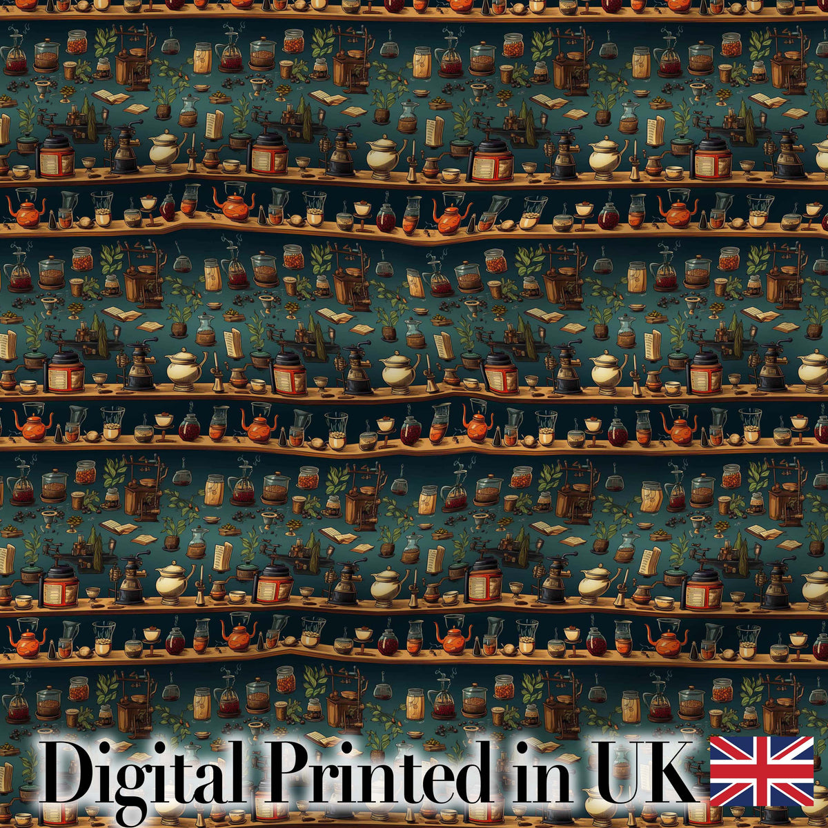 Apothecary Shelf Bottles Herbs Vintage Seamless Pattern Digital Print Fabric by the Metre UK Sewing Quilting Textile