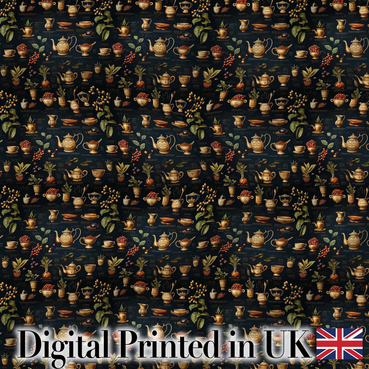 Dark Botanical Tea Coffee Herbs Vintage Seamless Pattern Digital Print Fabric by the Metre UK Sewing Quilting Textile