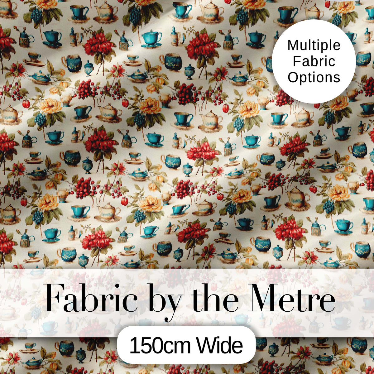 Floral Tea Cups Vintage Botanical Garden Seamless Pattern Digital Print Fabric by the Metre UK Sewing Quilting Textile