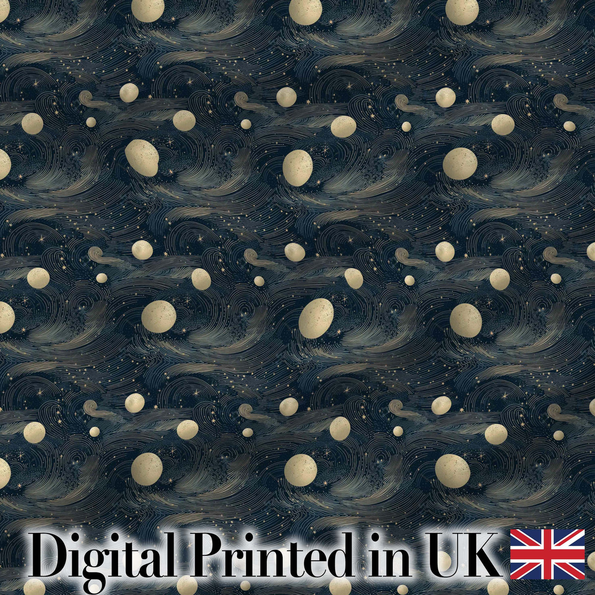 Vintage Celestial Waves Planets Night Sky Seamless Pattern Digital Print Fabric by the Metre UK Sewing Quilting Textile