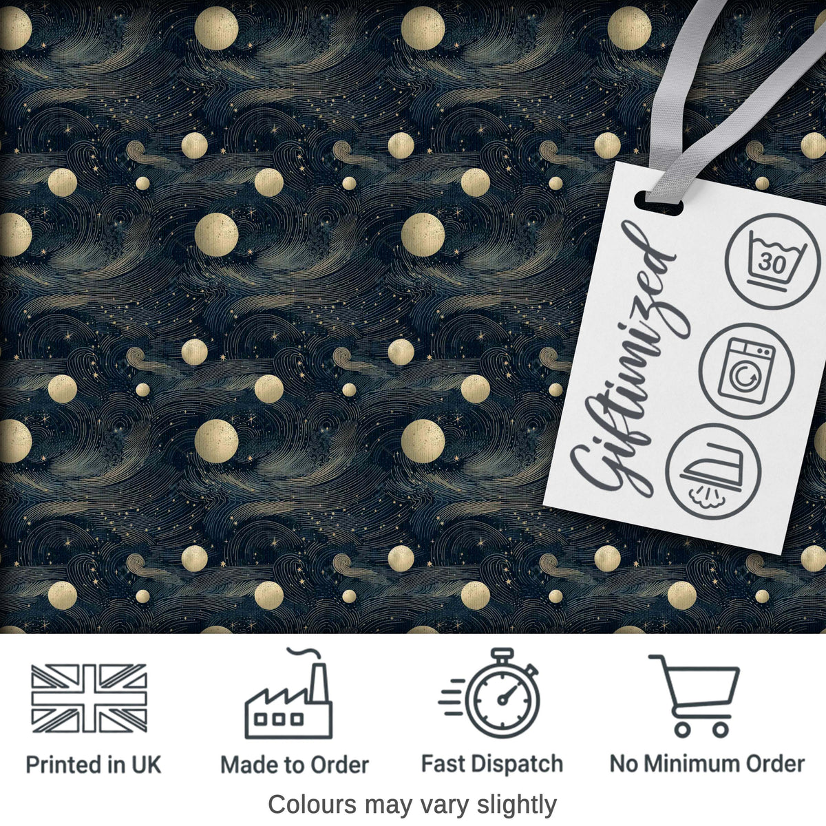 Vintage Celestial Waves Planets Night Sky Seamless Pattern Digital Print Fabric by the Metre UK Sewing Quilting Textile