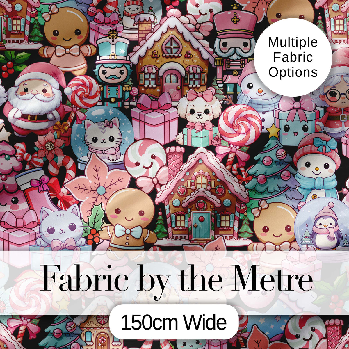 Cute Kawaii Christmas Gingerbread Candy Santa Gift Seamless Pattern Digital Print Fabric by the Metre UK Sewing Quilting Textile