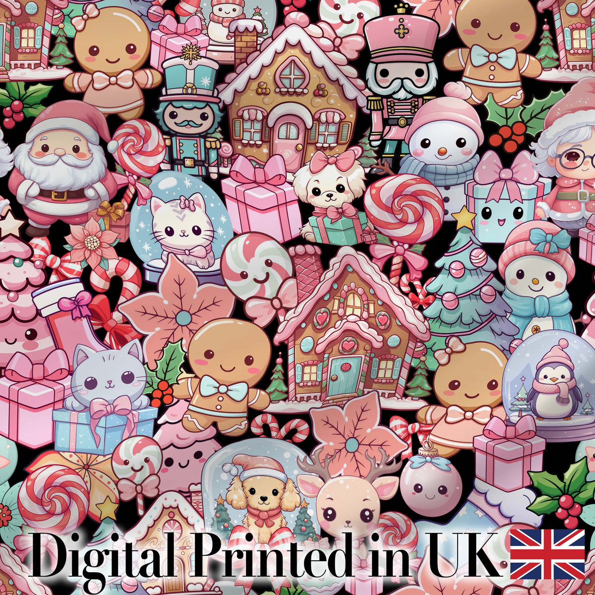 Cute Kawaii Christmas Gingerbread Candy Santa Gift Seamless Pattern Digital Print Fabric by the Metre UK Sewing Quilting Textile